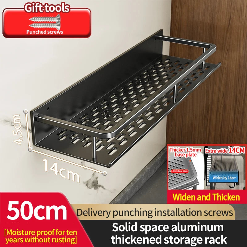 Aluminum Kitchen Rack Kitchen Shelf Toilet Storage No Drill Hanging Rack Bathroom Organizer Hang on the Wall Kitchen big black 50cm