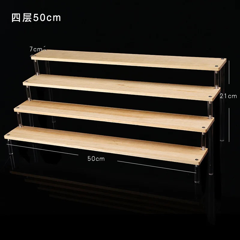 Tiered Display Stand for Figures with Clear or Wood Effect Shelves 4 tier 50x7cm