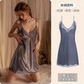 2025 Women's Lace Chemise Nightdress with Chest Pads, Ice Silk Suspender Nightgown for Autumn Winter Moran gray