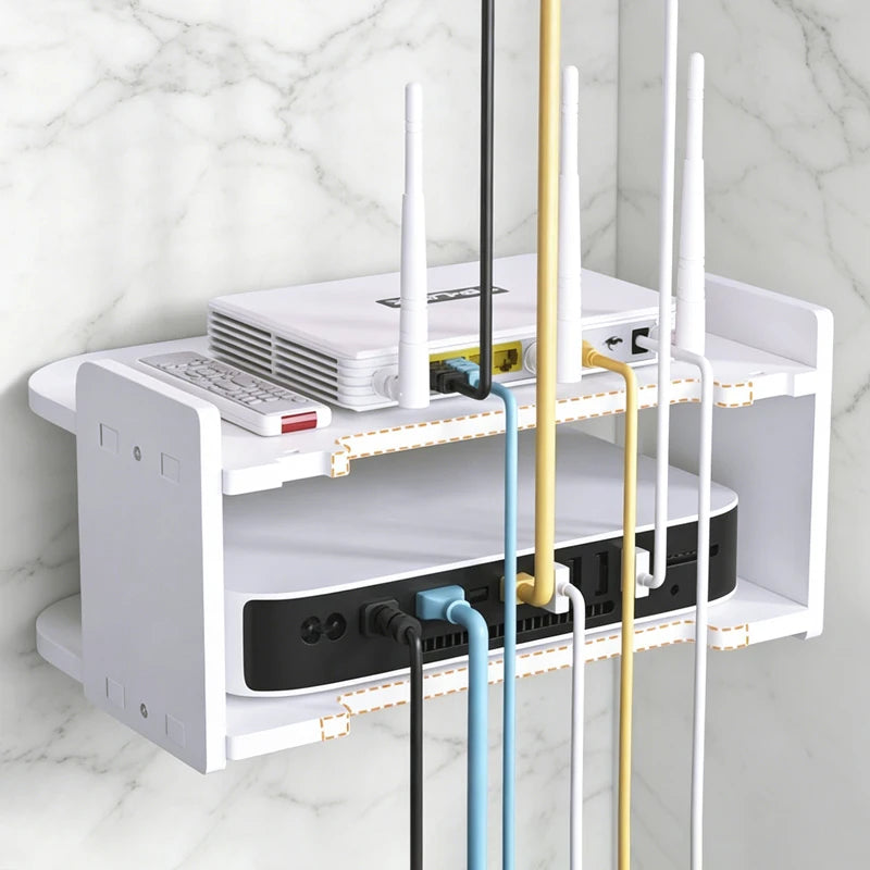 2 Tier Wall Mounted Router Shelf with Hooks for Cables and TV Box