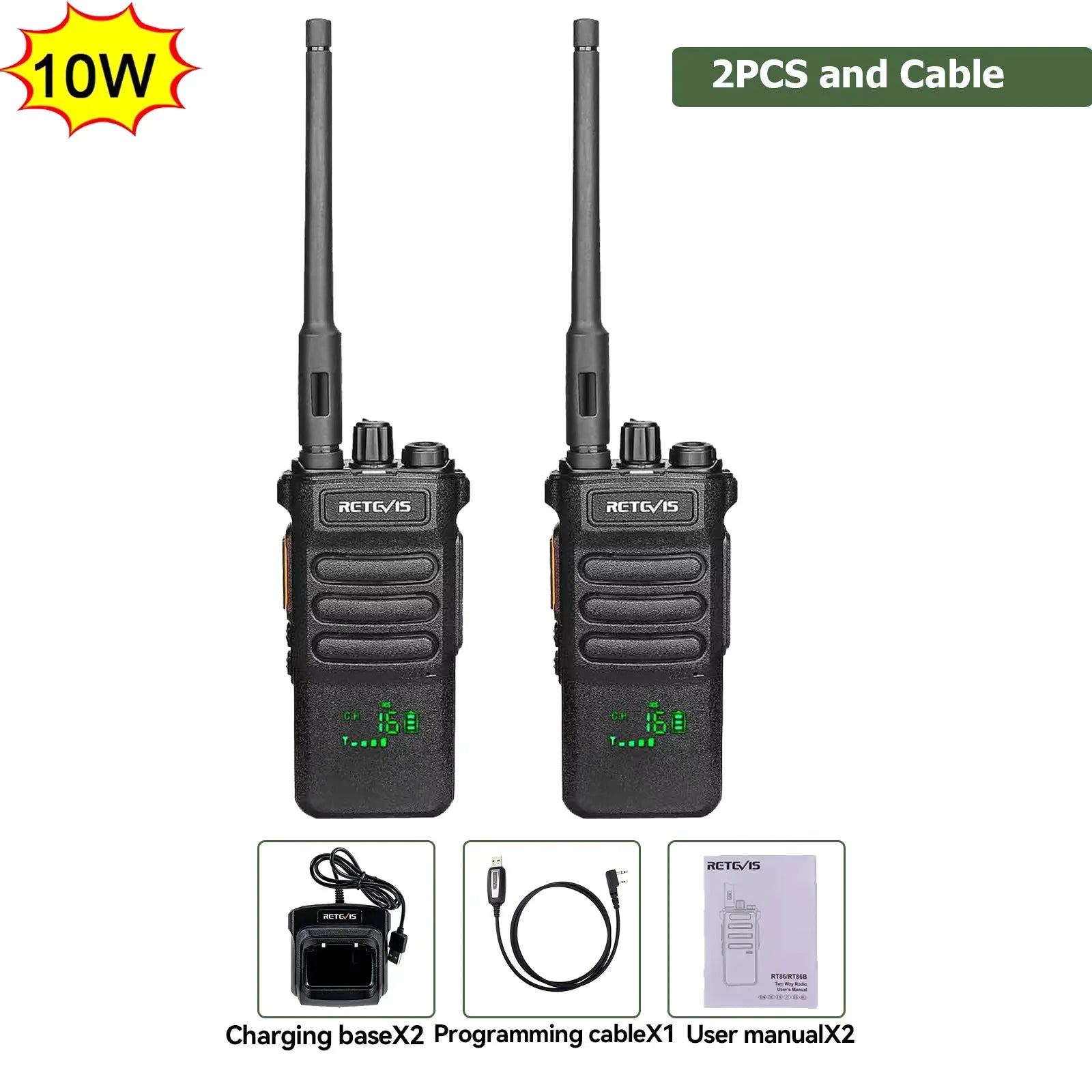 Retevis RT86 10W Walkie Talkie Professional Two Way Radio Long Range Walkie Talkie UHF Communication radio for Outdoor Business 2PCS and Cable