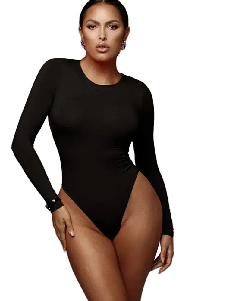 Women's Long Sleeve O-Neck Bodysuit – Slim Fit Body Top Black