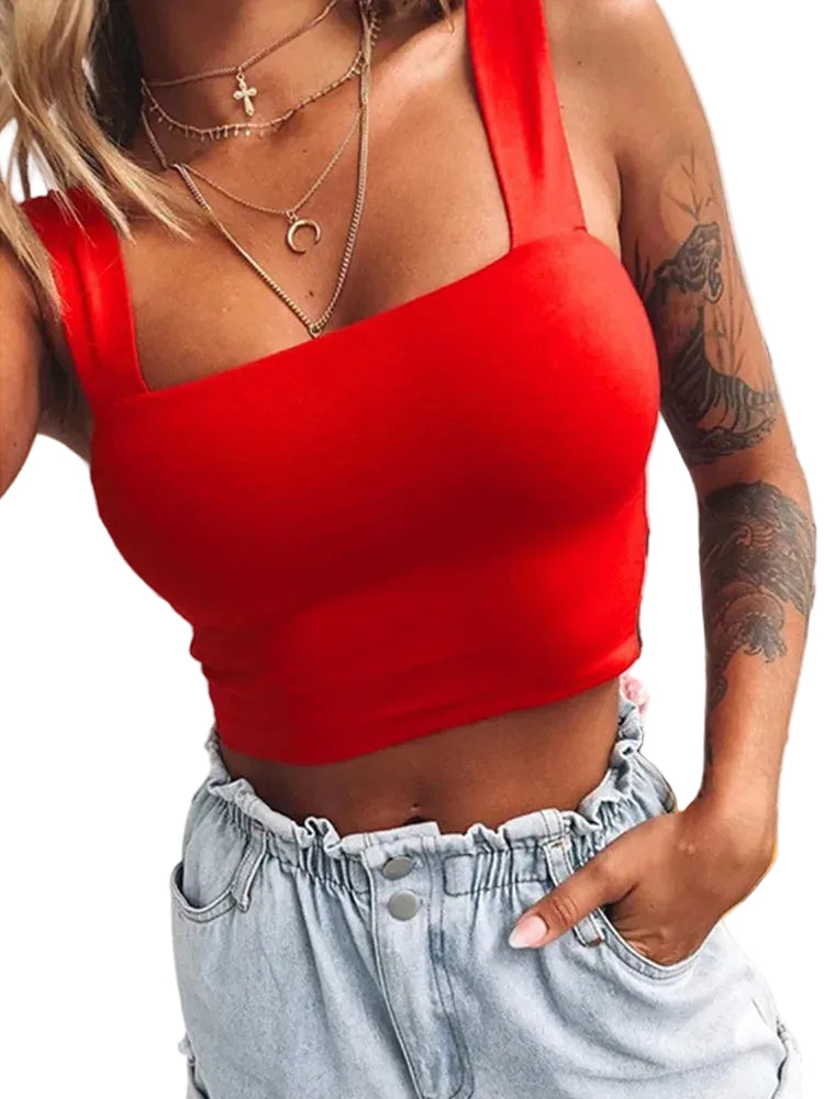 Women Backless Crop Top – Sleeveless Square Neck Tank Red