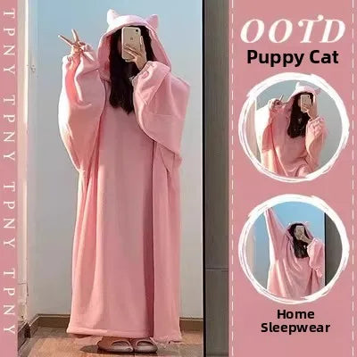 Ins Winter Thiened Coral Fce Pajamas Women's Spwear Hooded Fluffy Warm Nightgown Robe Long Sve Mid-Length Home Clo... Pink [thick recommended version]