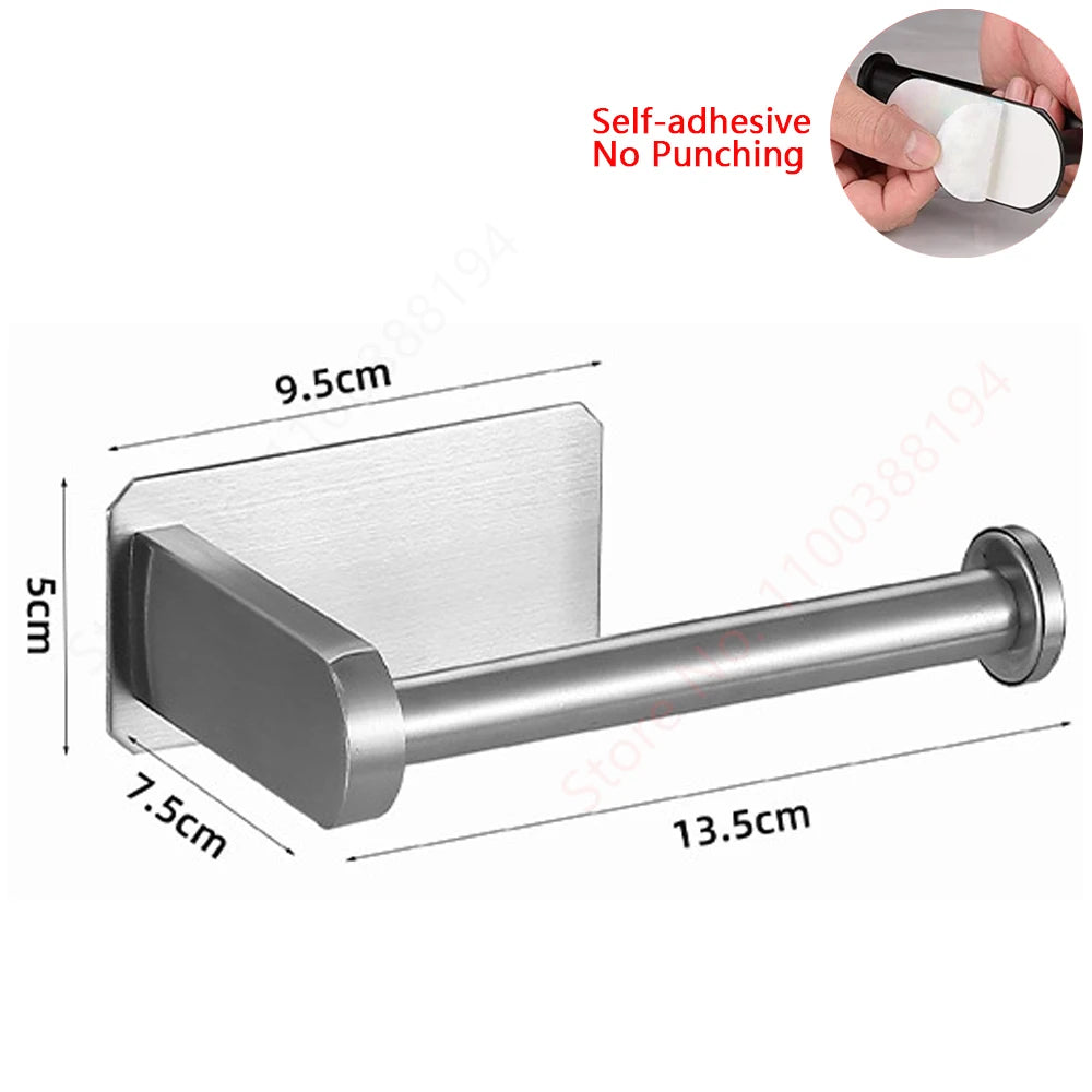 Stainless Steel Wall Mounted Toilet Roll Holder and Hooks self-adhesive silver