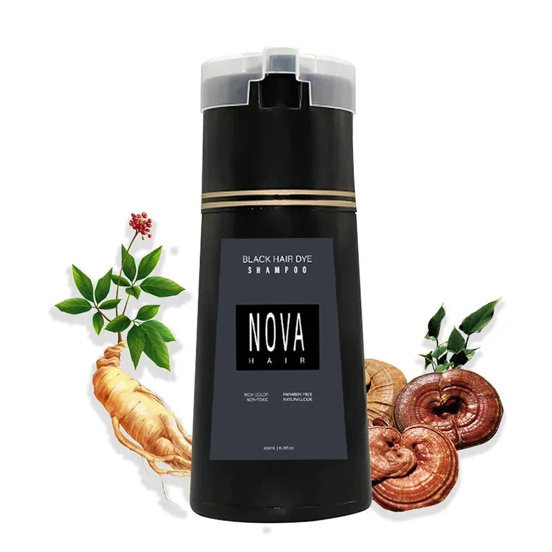 Nova 3-in-1 Black Hair Dye Shampoo for Men & Women – Instant Gray Coverage, Long-Lasting Natural Black Color