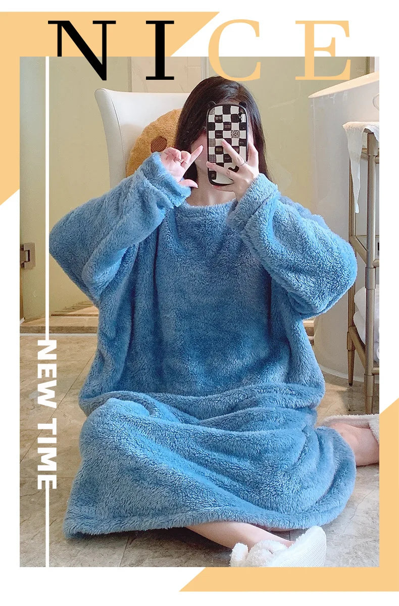 Warm Fleece Nightgown Women's Loose Comfortable Home Clothes plus Size Solid Color Simple Design Sleepwear Casual Outerwear