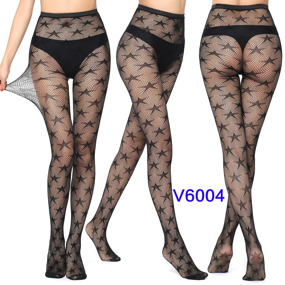 Women Sexy Fishnet Tights Jacquard Weave Seamless Pantyhose Yarns Garter Grid Fish Net Stockings Black Spider Gothic Lace Tights V6004 One Size
