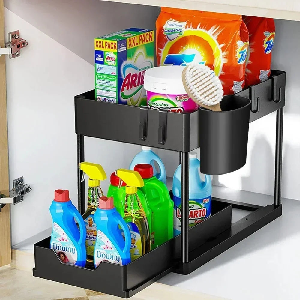 1Pc 2 Tier Under Sink Organizer Sliding Cabinet Basket Organizer Storage Rack with Hooks Hanging Cup Bathroom Kitchen Organizer black-D