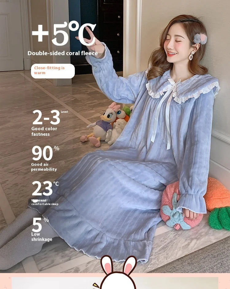 Womens Nightwear Nightdress Flannel Thickened Solid Colour Nightgown Doll Collar Student Warm Coral Velvet Ruffle Dress Robes Se