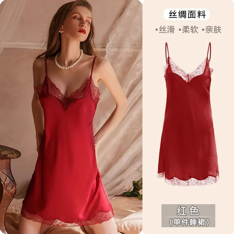 2025 Women's Lace Chemise Nightdress with Chest Pads, Ice Silk Suspender Nightgown for Autumn Winter Burgundy 3