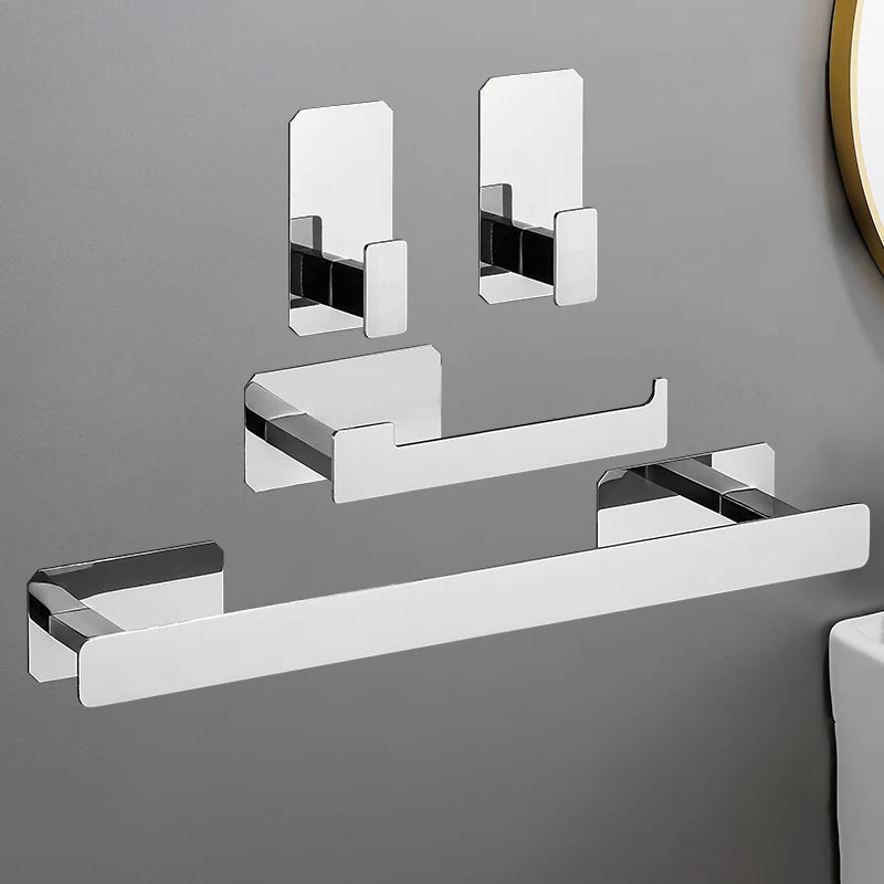 No Drilling Matte Black Bright Sliver Stainless Steel Towel Bar Towel Ring Roll Paper Holder Robe Hook Bathroom Accessories Set Sliver 4pcs Set B