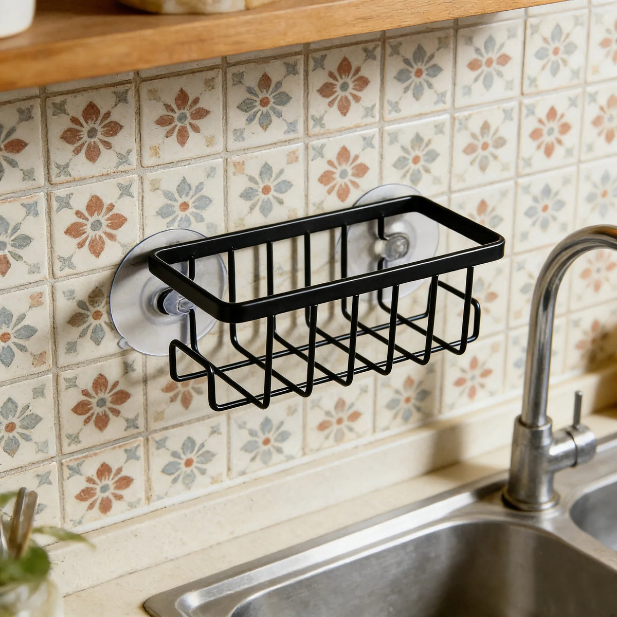 Home With Hook Draining Durable Soap Black Kitchen Sink Scrubber Countertop Sponge Holder Hollowed Suction Cup Caddy Organizer