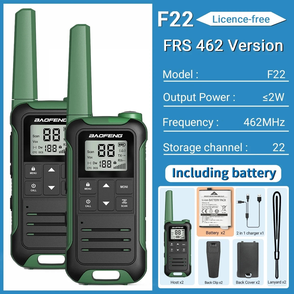 2pcs Baofeng F22 Mini Walkie Talkies - Long Range, Waterproof, Rechargeable, Kids Two-Way Radio with Type-C Charging for Camping & Outdoor Adventures - Dicrodelights