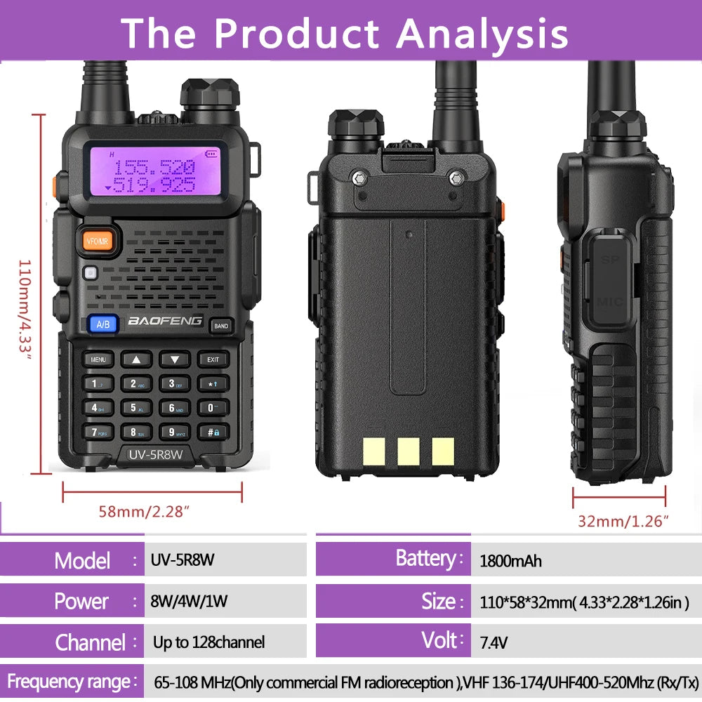 Baofeng UV-5R Walkie Talkie 8W Dual Band VHF/UHF Two-Way Radio, Long Range, FM Radio - Dicrodelights