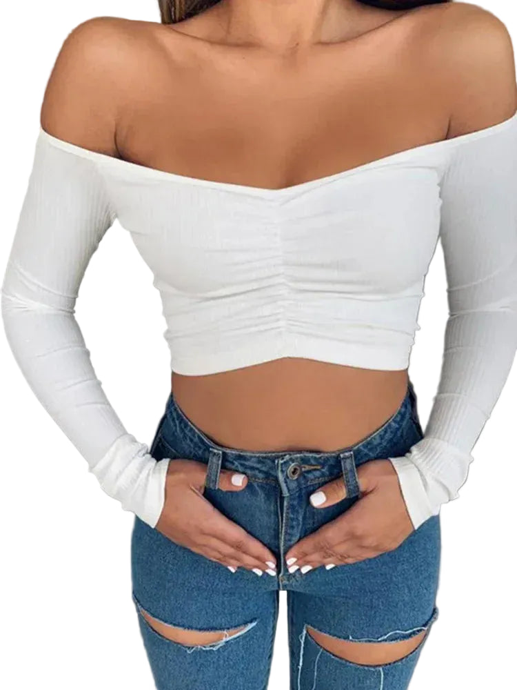 Off Shoulder Long Sleeve Top Women – Sexy Club Tee White