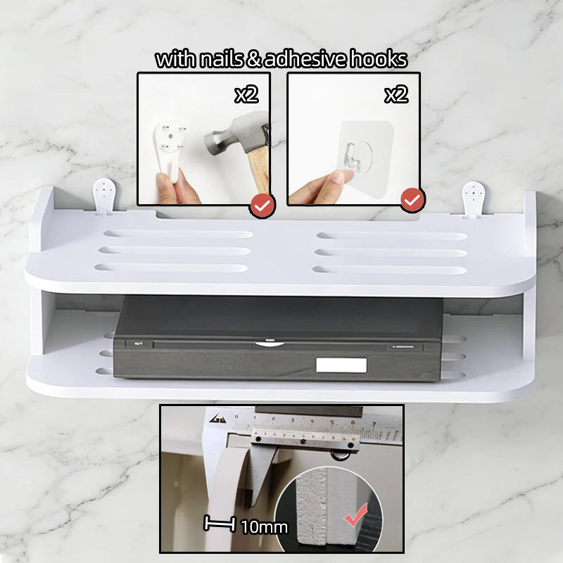 2 Tier Wall Mounted Router Shelf with Hooks for Cables and TV Box
