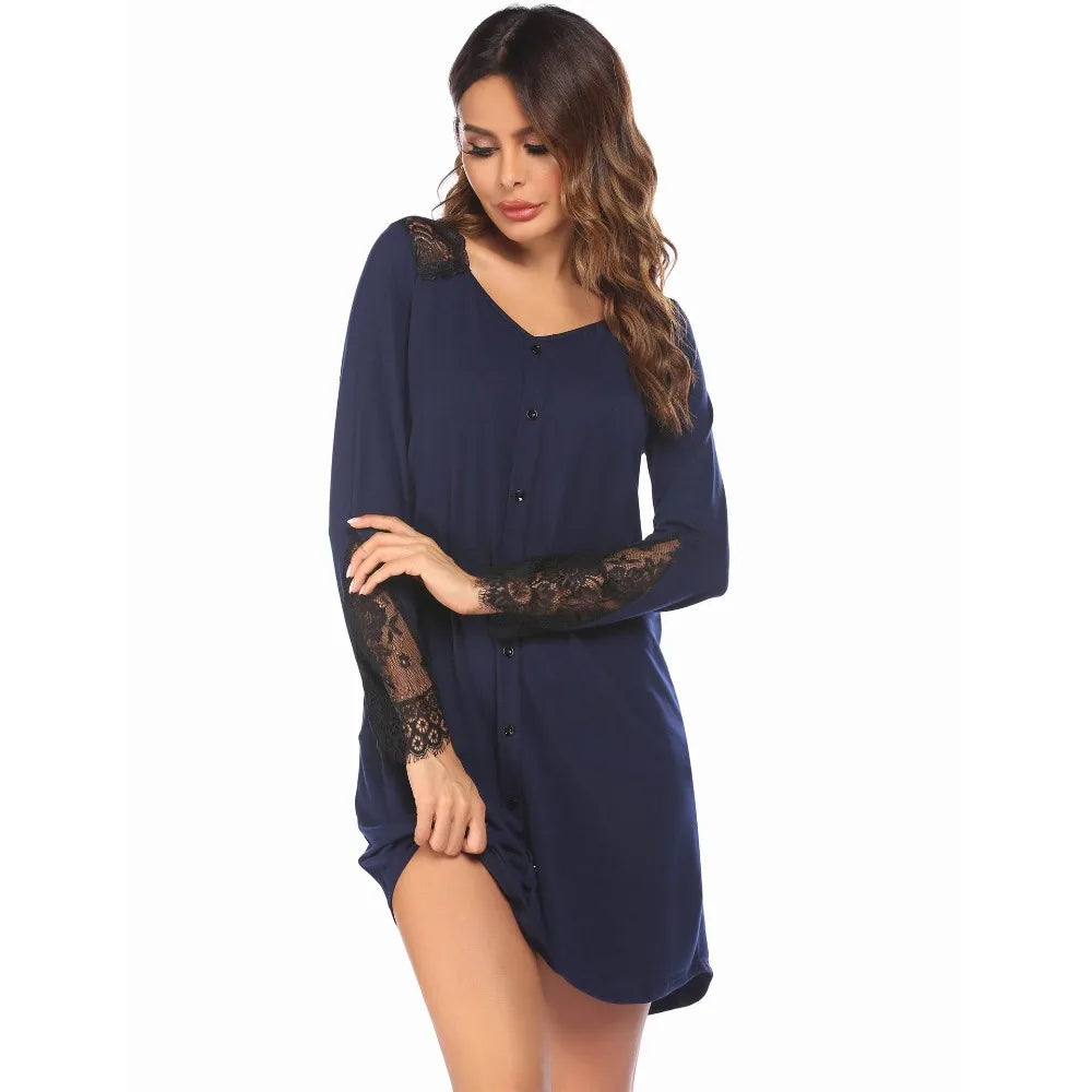Women's Long-Sleeve Nightgown for Autumn & Winter Pullover Version Lace Panel Craft Fake Placket Decoration Loungewear