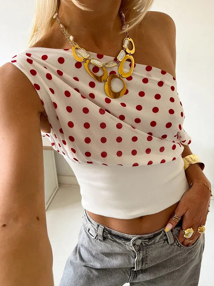 Off Shoulder Crop Top Women – Polka Dot Ruched Summer Tee