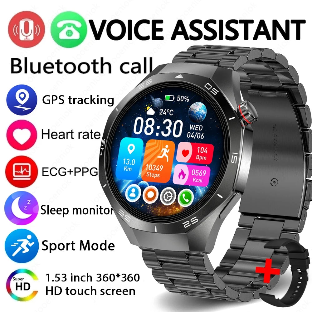 2025 New GT5 Pro GPS Track Smart Watch Men 360*360 AMOLED Screen NFC BT Call Waterproof Health Monitor Man Smartwatches IOS black steel