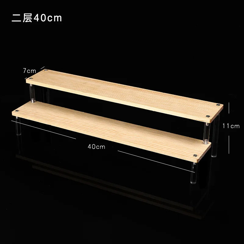 Tiered Display Stand for Figures with Clear or Wood Effect Shelves 2 tier 40x7cm