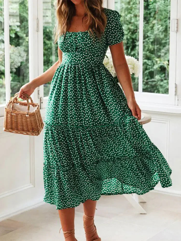 Floral Maxi Dress Women – Puff Sleeve Square Neck Summer