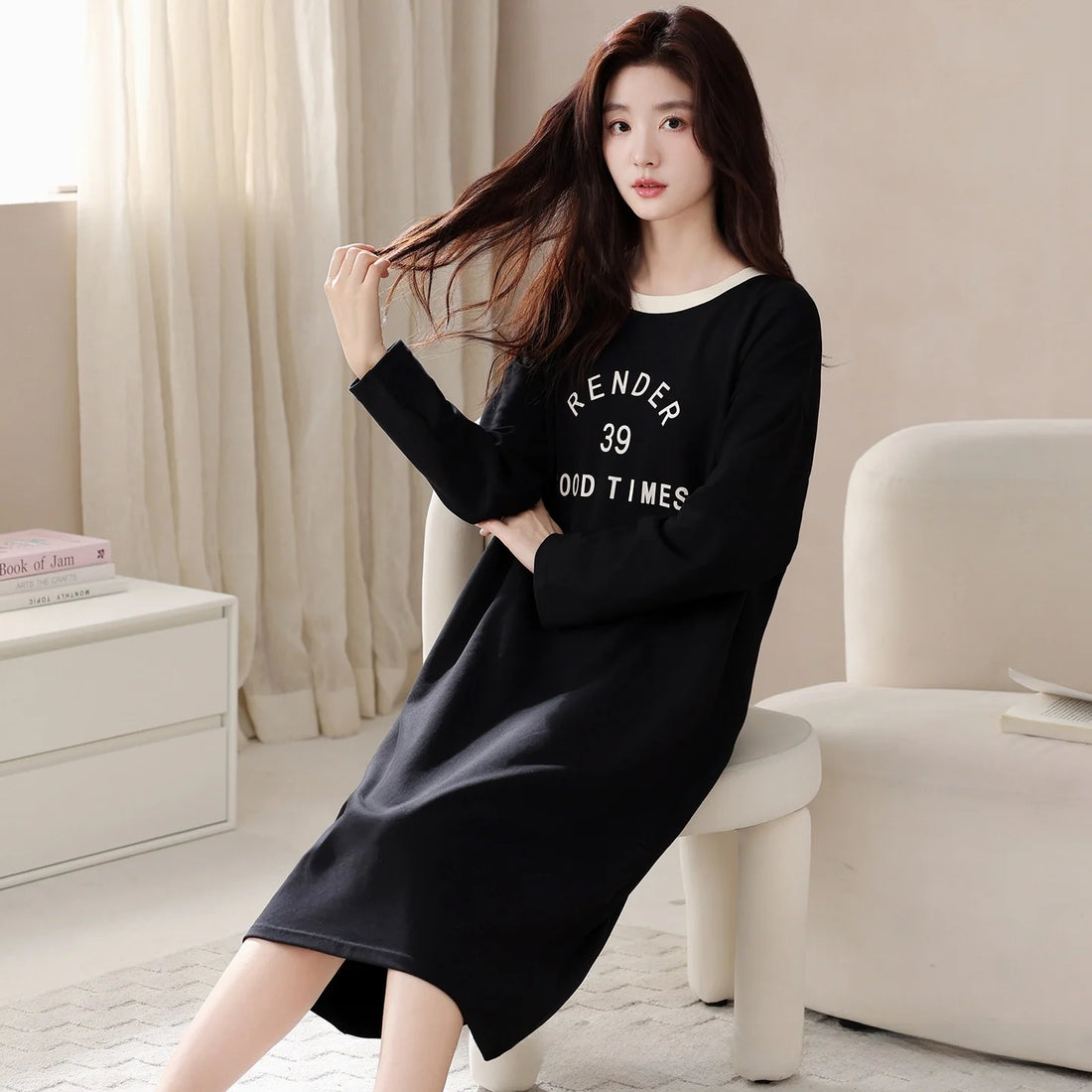 100% Pure Cotton Sleep Dress Women's Spring Autumn Long Sleeve Loose plus Size Home Dress Cute Cartoon All Cotton Sleepwear D...