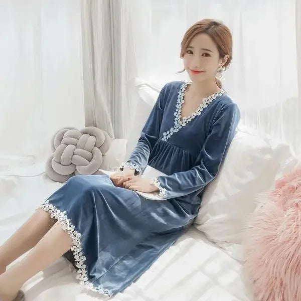 Plus Size 5XL Sleep Dress Women Winter Long Sleeve Sexy Luxury Velvet Spring Autumn Winter Style Korean Version Velvet Nightgown 6151 gray blue