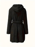 1 piece of women's solid color hooded robe with belt, cozy and warm fleece pajamas for home wear in autumn and winter.