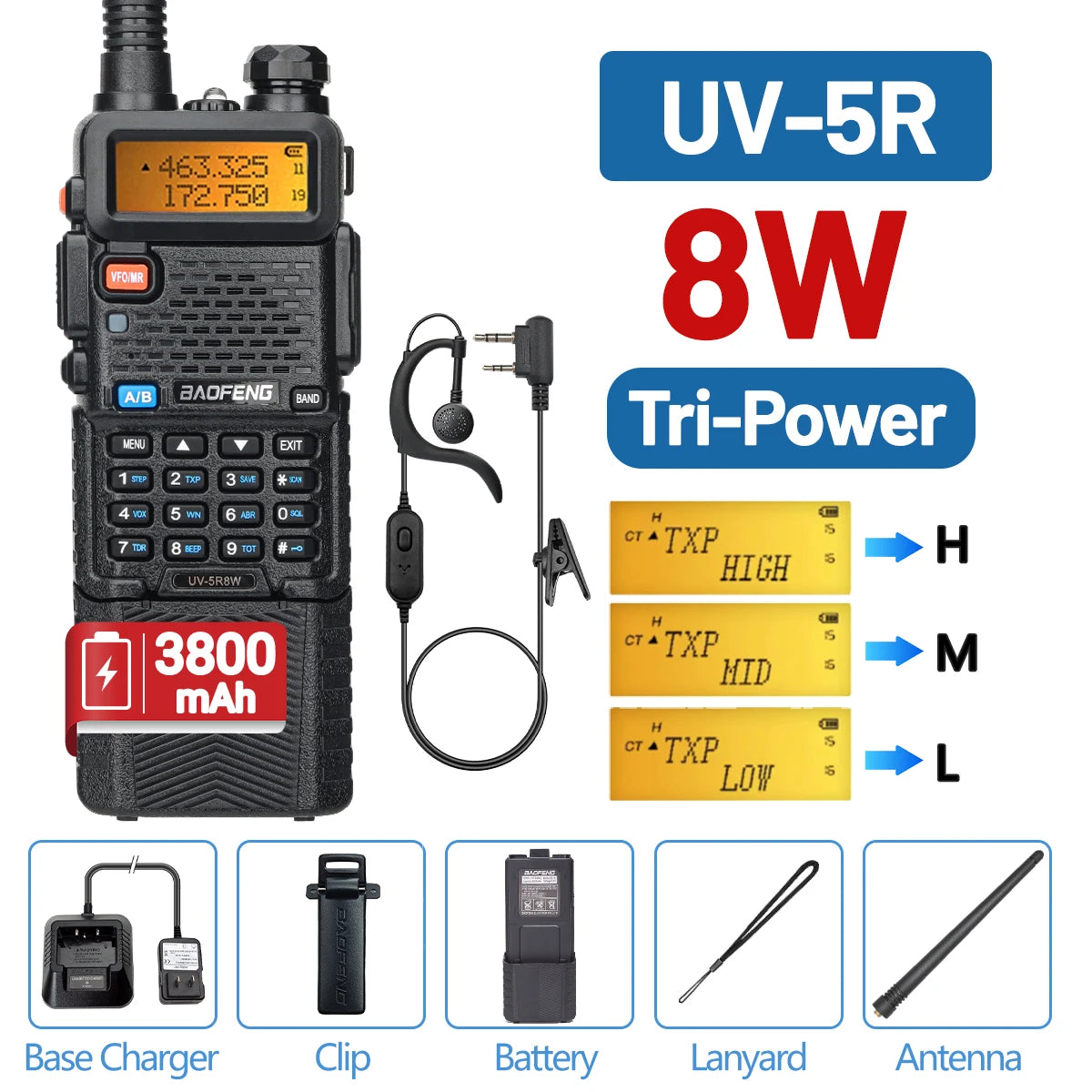 Baofeng UV-5R Walkie Talkie 8W Dual Band VHF/UHF Two-Way Radio, Long Range, FM Radio - Dicrodelights