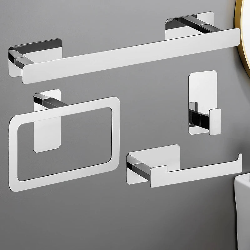 No Drilling Matte Black Bright Sliver Stainless Steel Towel Bar Towel Ring Roll Paper Holder Robe Hook Bathroom Accessories Set Sliver 4pcs Set A