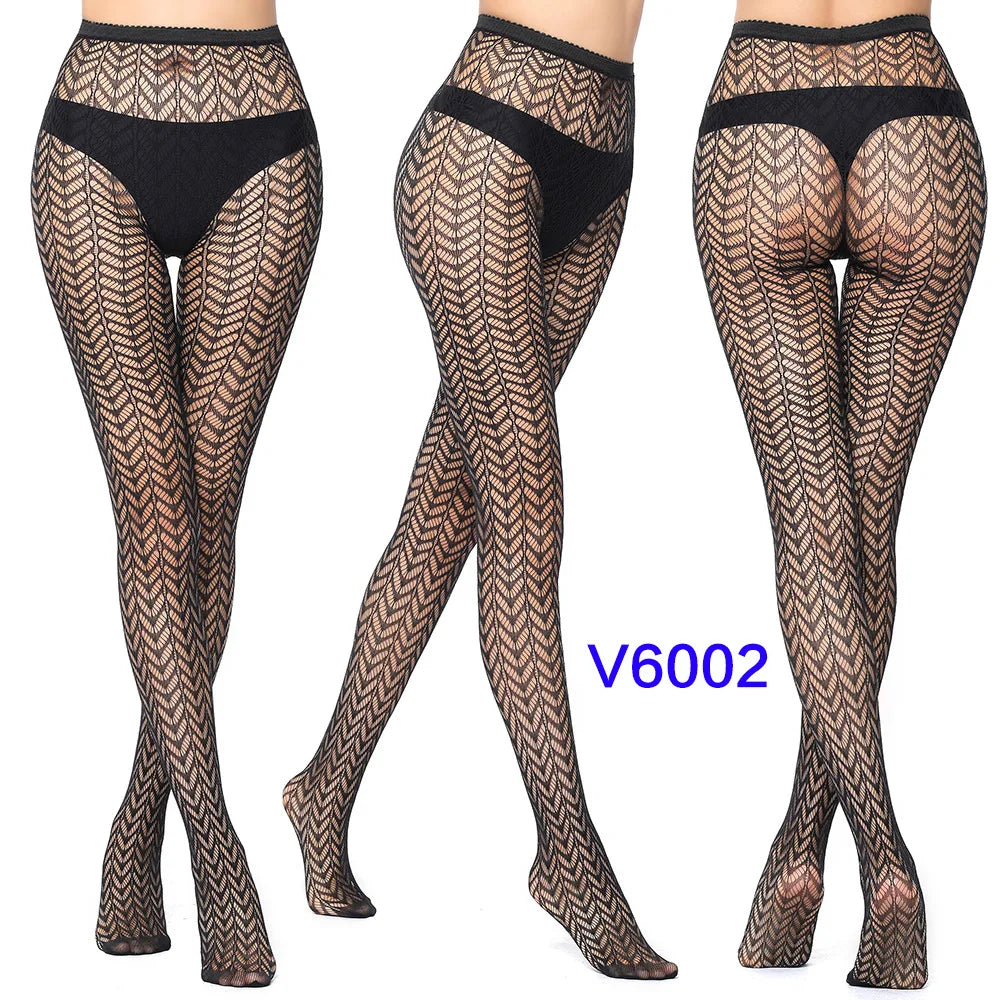 Women Sexy Fishnet Tights Jacquard Weave Seamless Pantyhose Yarns Garter Grid Fish Net Stockings Black Spider Gothic Lace Tights V6002 One Size