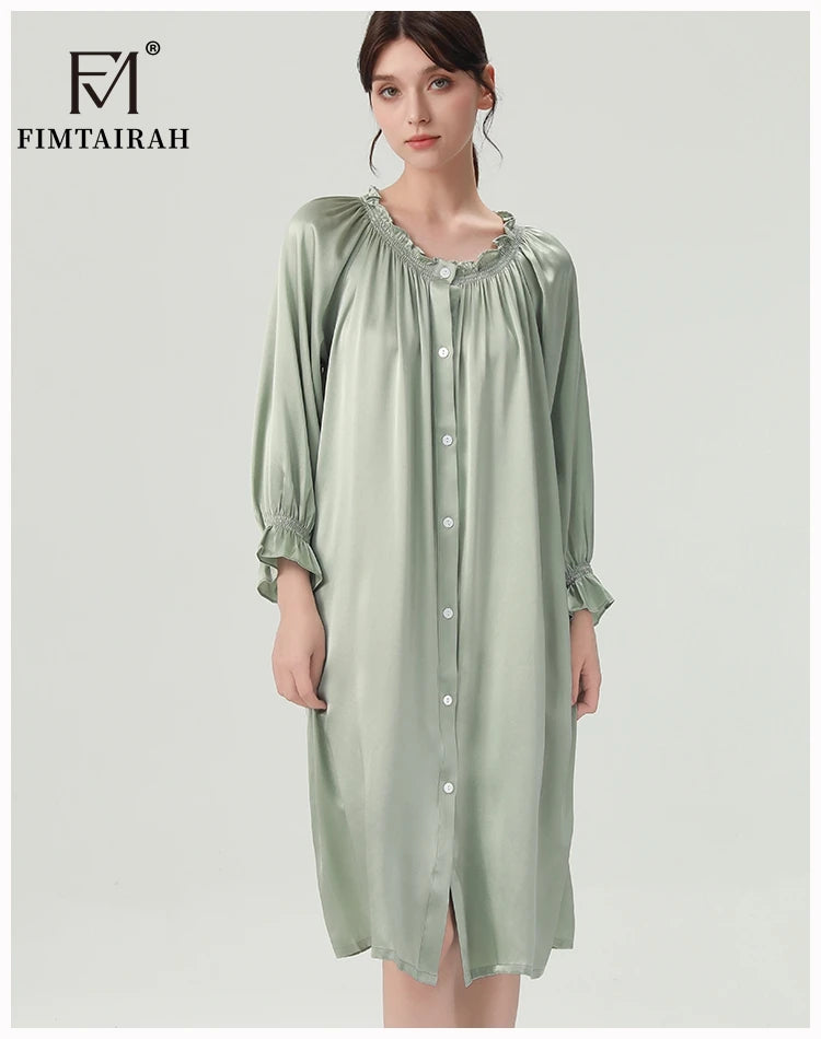 FIMTAIRAH 6A 22MM 100% Silk Nightdress Real Silk Nightgown Women long plus large size Sleepwear Pajamas robe