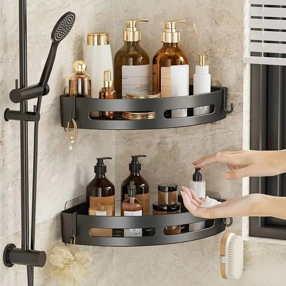 No Drill Corner Shower Caddy with Drainage and Side Hooks