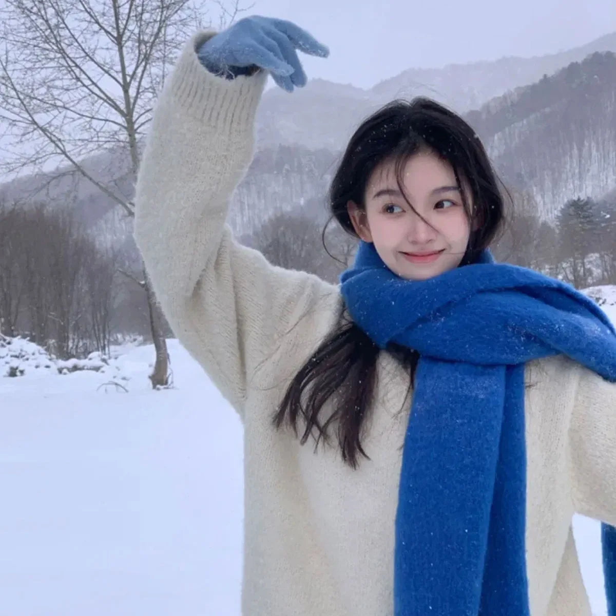 Women's Cashmere Winter Scarf – Thick Knitted Warm Shawl Small version mohair [Klein blue]]