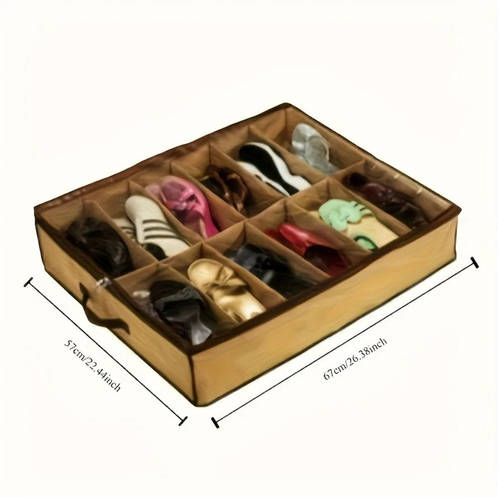 Twelve Compartment Under Bed Shoe Organiser With Clear Cover