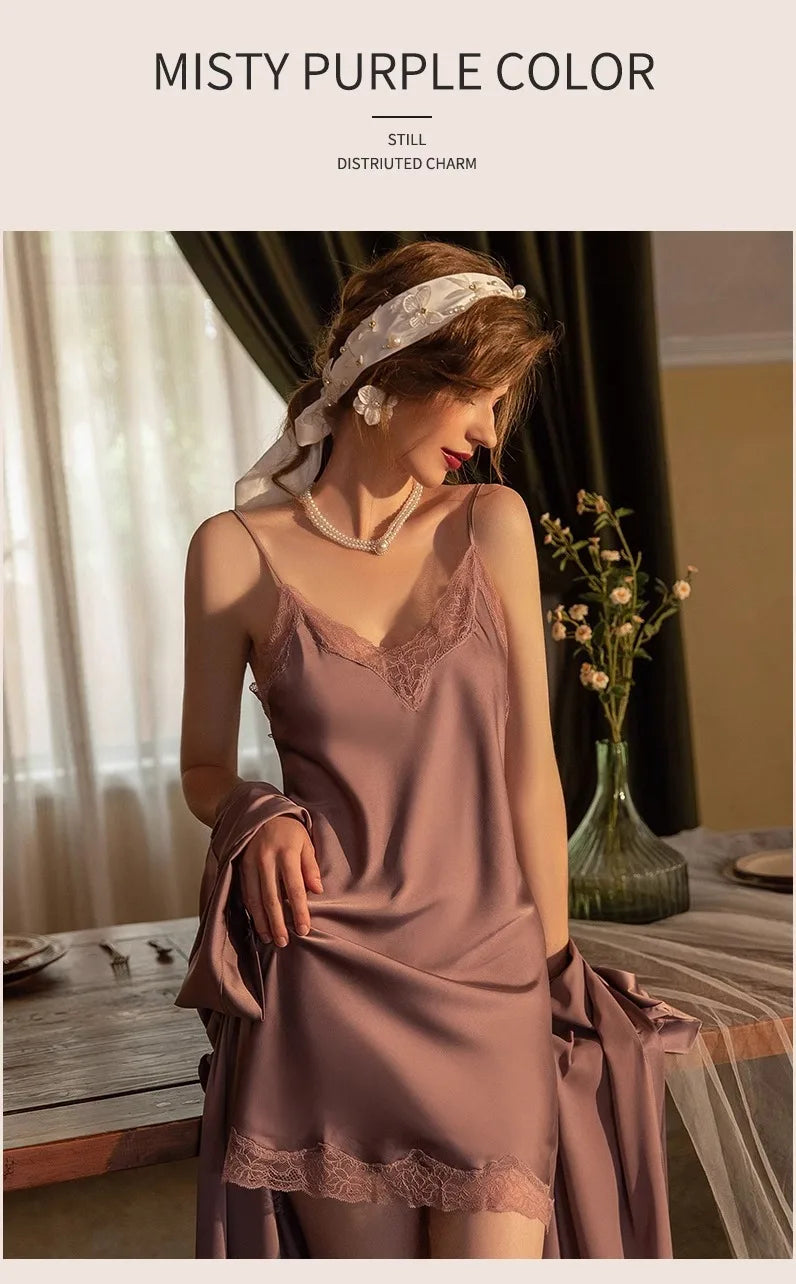 2025 Women's Lace Chemise Nightdress with Chest Pads, Ice Silk Suspender Nightgown for Autumn Winter