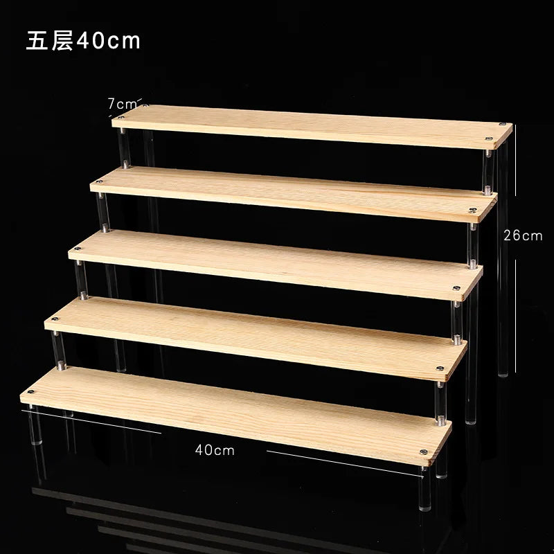 Tiered Display Stand for Figures with Clear or Wood Effect Shelves 5 tier 40x7cm