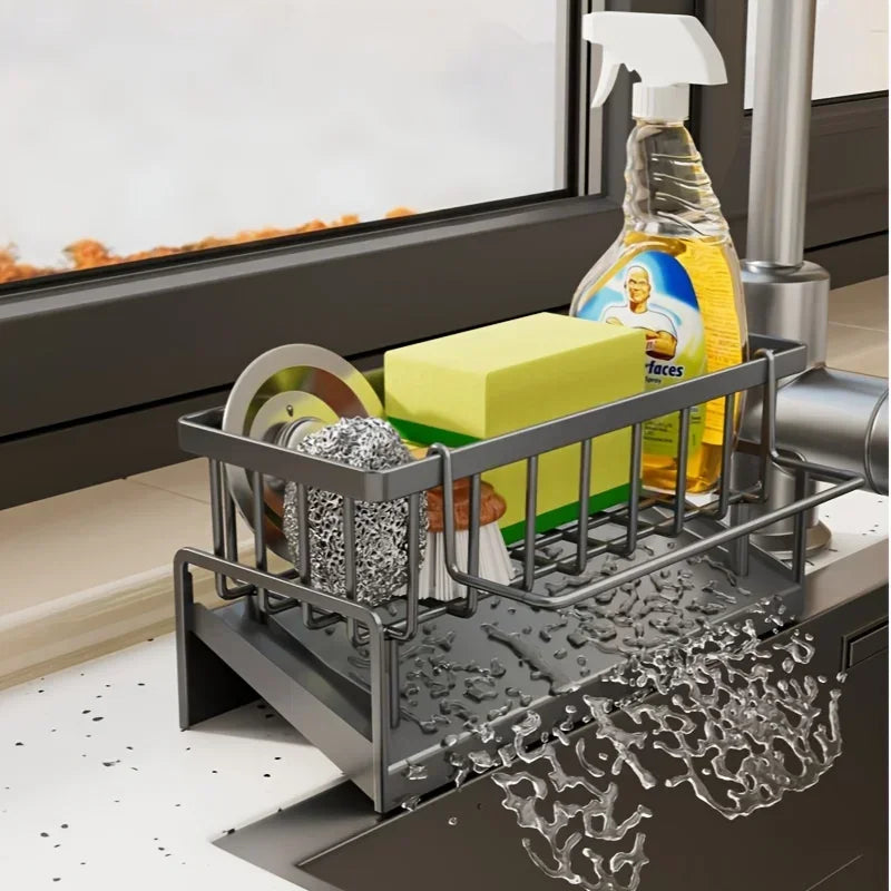 Black Kitchen Sink Caddy with Drainage Tray and Cloth Rail