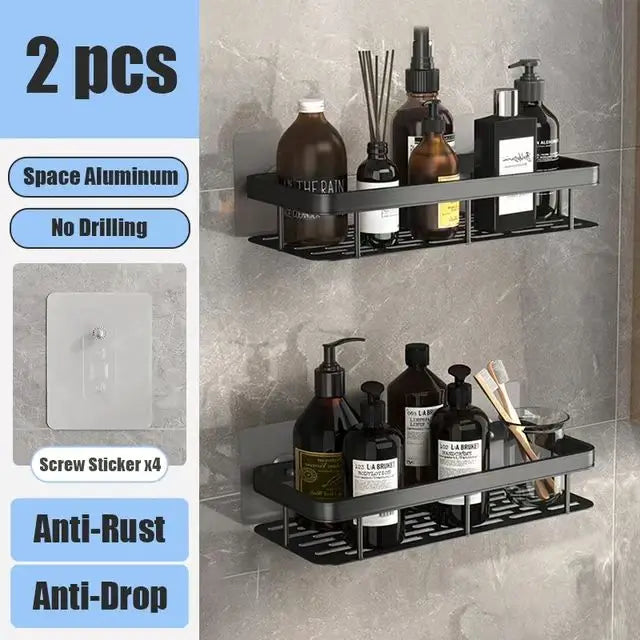 Bathroom Shelf No Drill Wall Mounted Shampoo Bottle Shower Corner Rack Toilet Storage Rack Aluminum Bathroom Kitchen Accessories blcak 2pcs