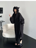 Ins Winter Thiened Coral Fce Pajamas Women's Spwear Hooded Fluffy Warm Nightgown Robe Long Sve Mid-Length Home Clo...