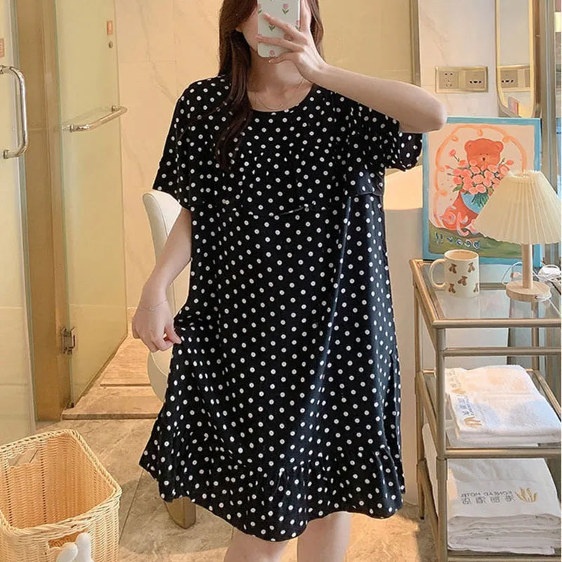 Sexy Nightwear Women Icy Floral Pattern Women Pajamas Dress Butterfly Print Student Sleepwear O- Neck Lace Mid-Length Nightgown