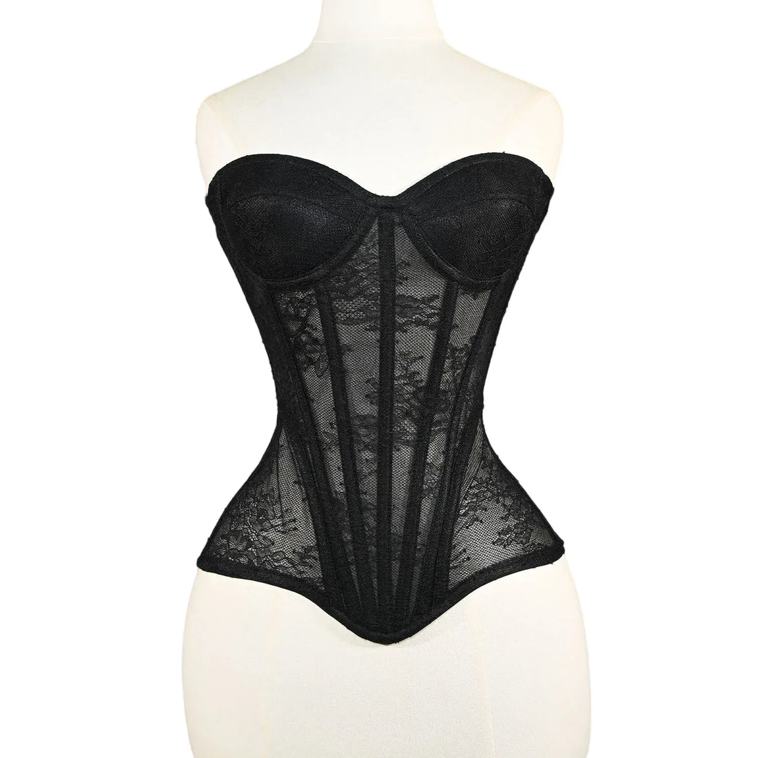 Women Fancy Corset Busiter Overbust Cups Push Breast Floral Lace Bodice Sext Tansparent Strapless Crop Tops Lace Up Steel Boned black
