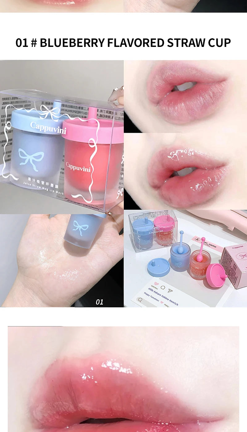 Cappuvini Juice Straw Cup Lip Mask Fruit-Flavored Lip Care Moisturizing for Day and Night in Autumn and Winter Prevents Chapped Lips Long-Lasting Moisturizing Improves Lip Lines Deeply Moisturizing Care High-Quality Lip Balm