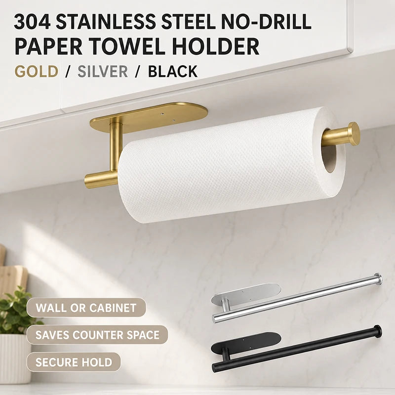 Kitchen Bathroom Storage 304 Stainless Steel Tissue Holder Waterproof No-Drill Strong Adhesive Paper Towel Rack For Cabinet