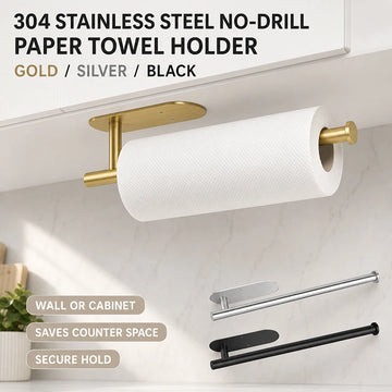 Kitchen Bathroom Storage 304 Stainless Steel Tissue Holder Waterproof No-Drill Strong Adhesive Paper Towel Rack For Cabinet