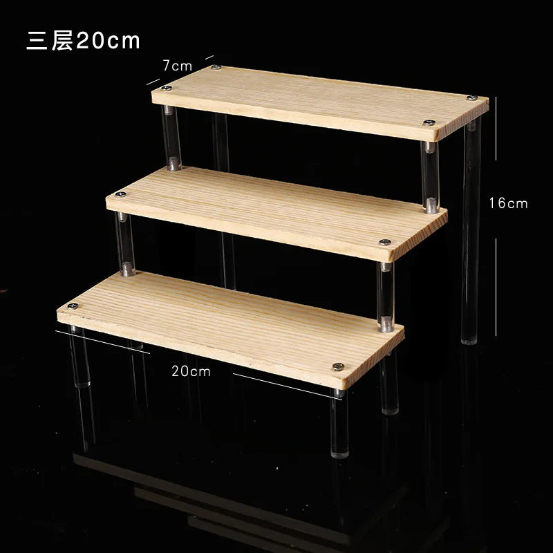 Tiered Display Stand for Figures with Clear or Wood Effect Shelves 3tier 20x7cm