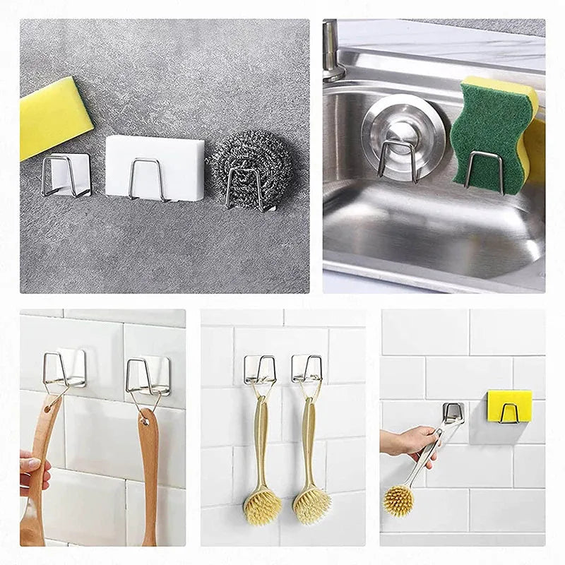 1/2Pcs Sponge Holder Sink Caddy SUS304 Stainless Steel Strong Adhesive Hook Storage Holder Waterproof Rustproof Hook for Kitchen