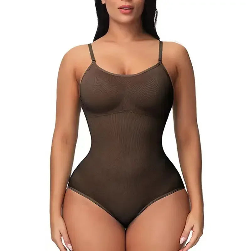 1 Piece Solid Seamless Brief Shaping Shapewear Bodysuit, Tummy Control Butt Lifting Slimmer Body Shaper, Women's Underwear Coffee