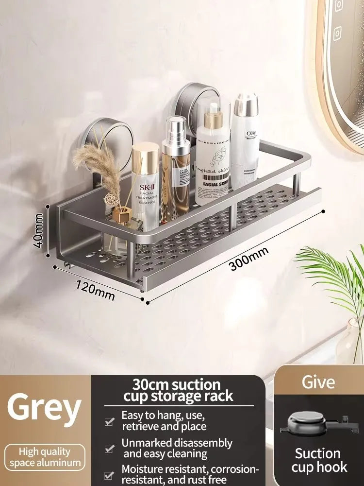 Aluminium Suction Cup Bathroom Shelf with Drainage Base grey layer 30cm-Y3